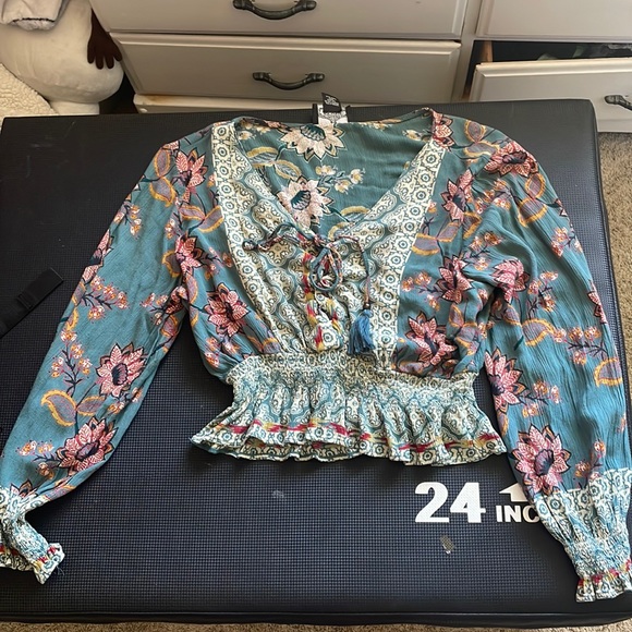 Angie Tops - Deep teal floral blouse